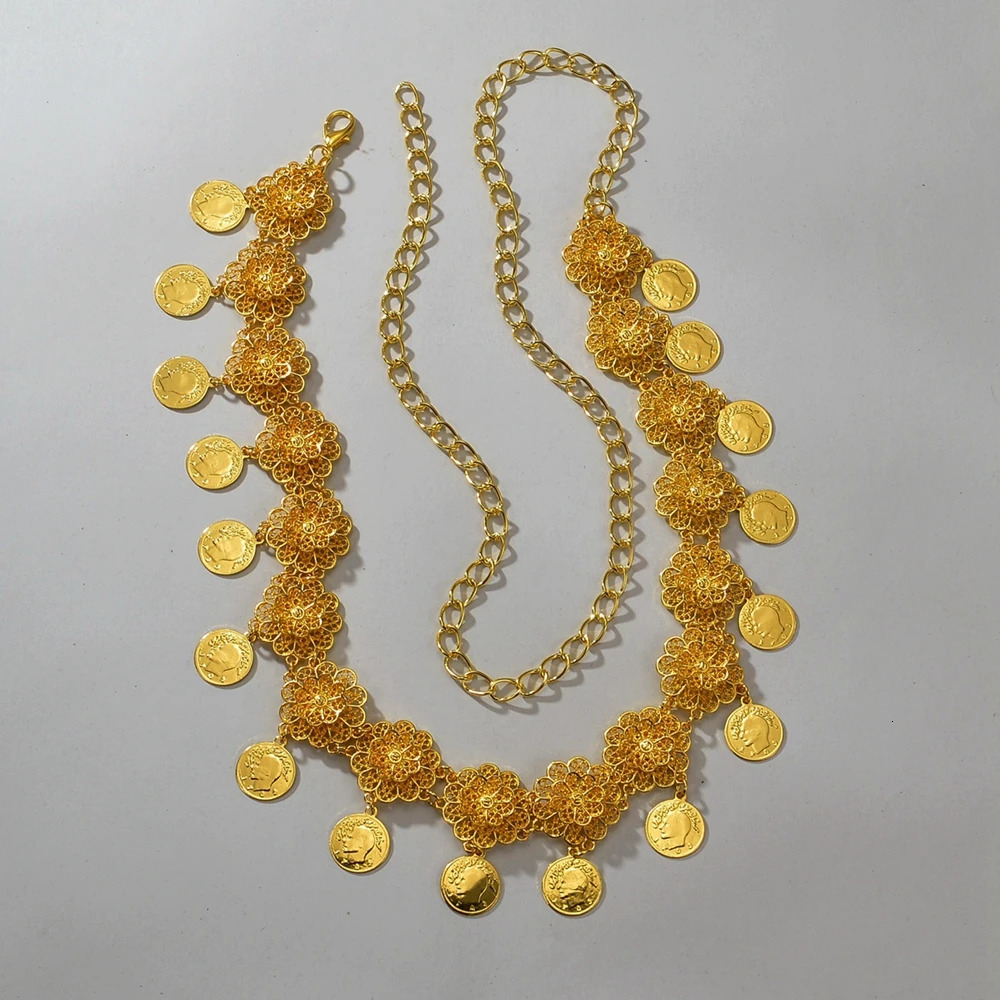 Fashion Waistband Jewelry Afghan Gold Color Metal Hollow Flower Coin Tassel Waist Chain Skirt Accessories Belt 241225