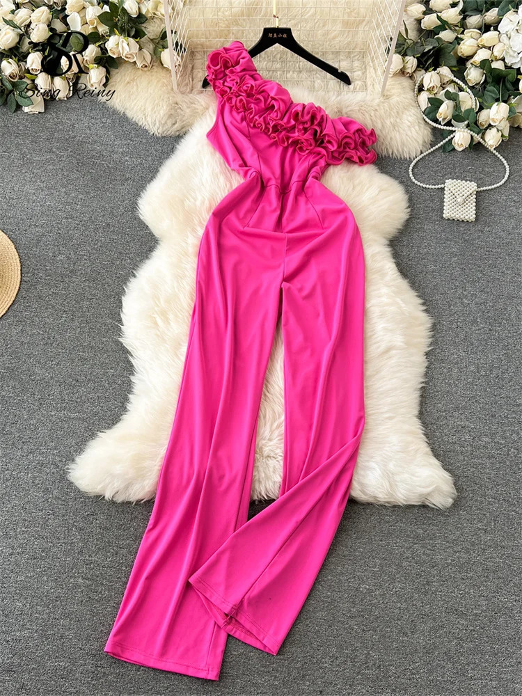 SINGREINY Off the Shoulder Sexy Jumpsuits 3D Floral Zipper Slim Rompers Fashion Solid Wide Legs Long Playsuits 241224