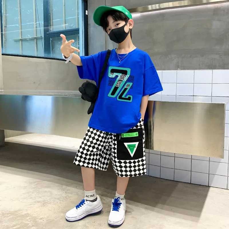 Clothing Sets Summer Children Boy Clothes Set Fashion Plaid Printed T-shirts and Shorts 2 Pieces Teenage Short Sleeve Top Bottom OutfitsY241225O40C
