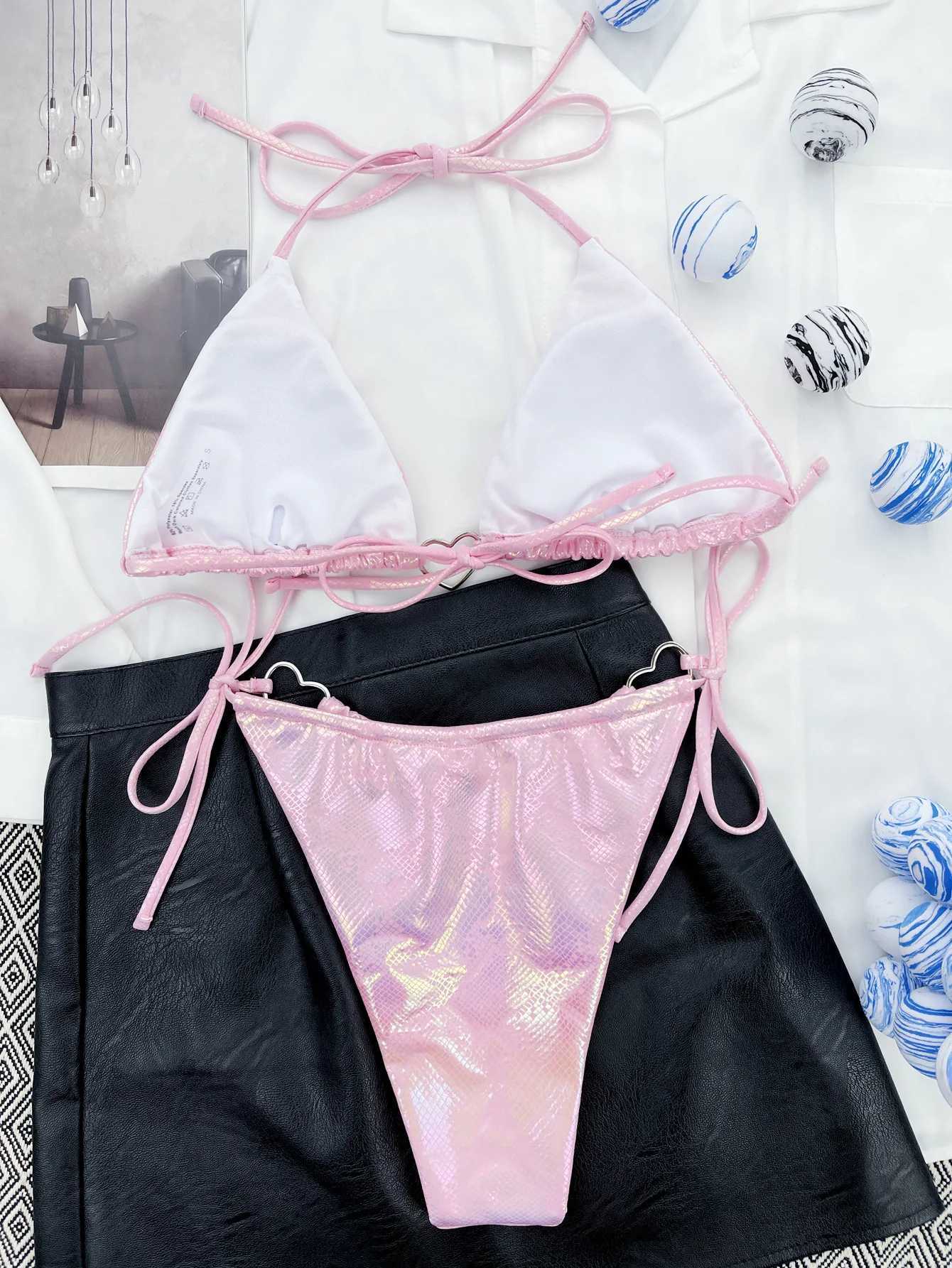 New Shining Love Metal Strap Mini Pink Bikini Swimsuit Womens Swimsuit Heart shaped Ring Decoration Bathroom SwimsuitW241225