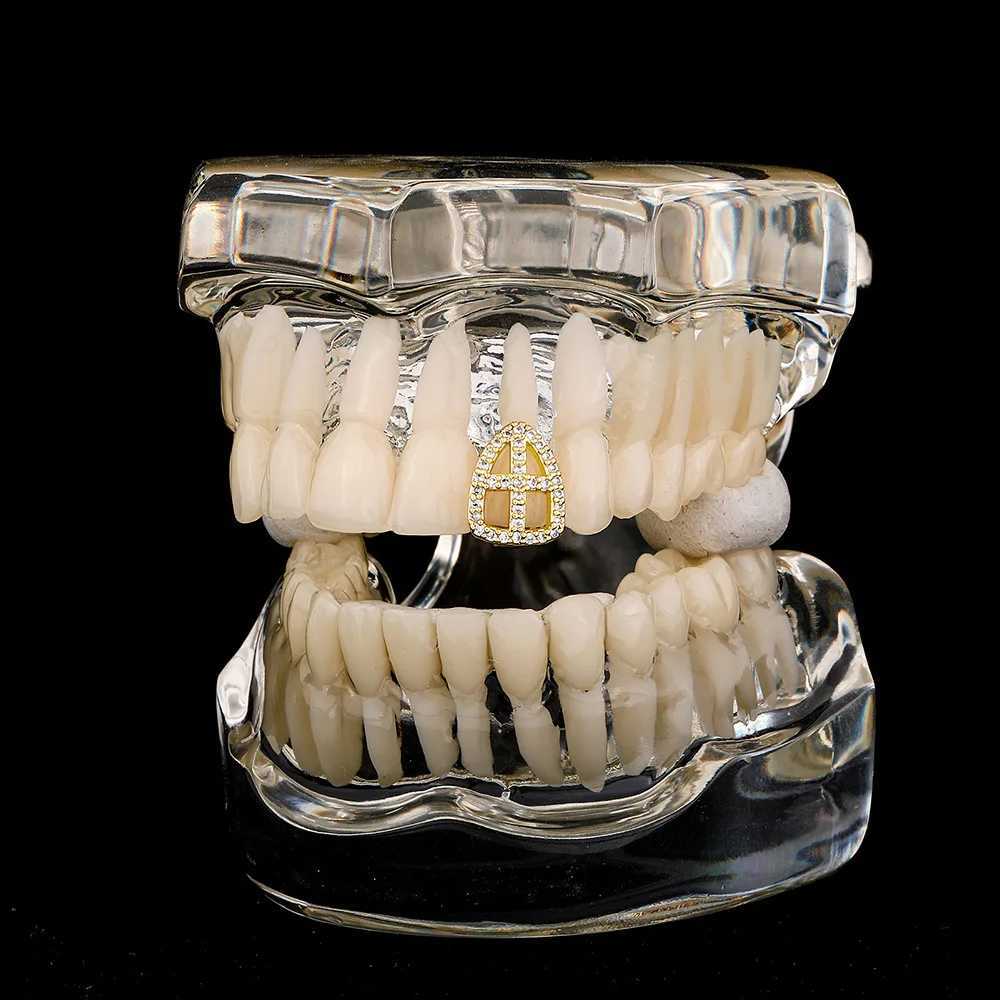 RACHELZ 2024 Cubic Zircon Cross Teeth Grillz Hip Hop 14K Gold Plated CZ Stone Tooth Cs For Women Men Jewelry Dental GrillsXJ241225