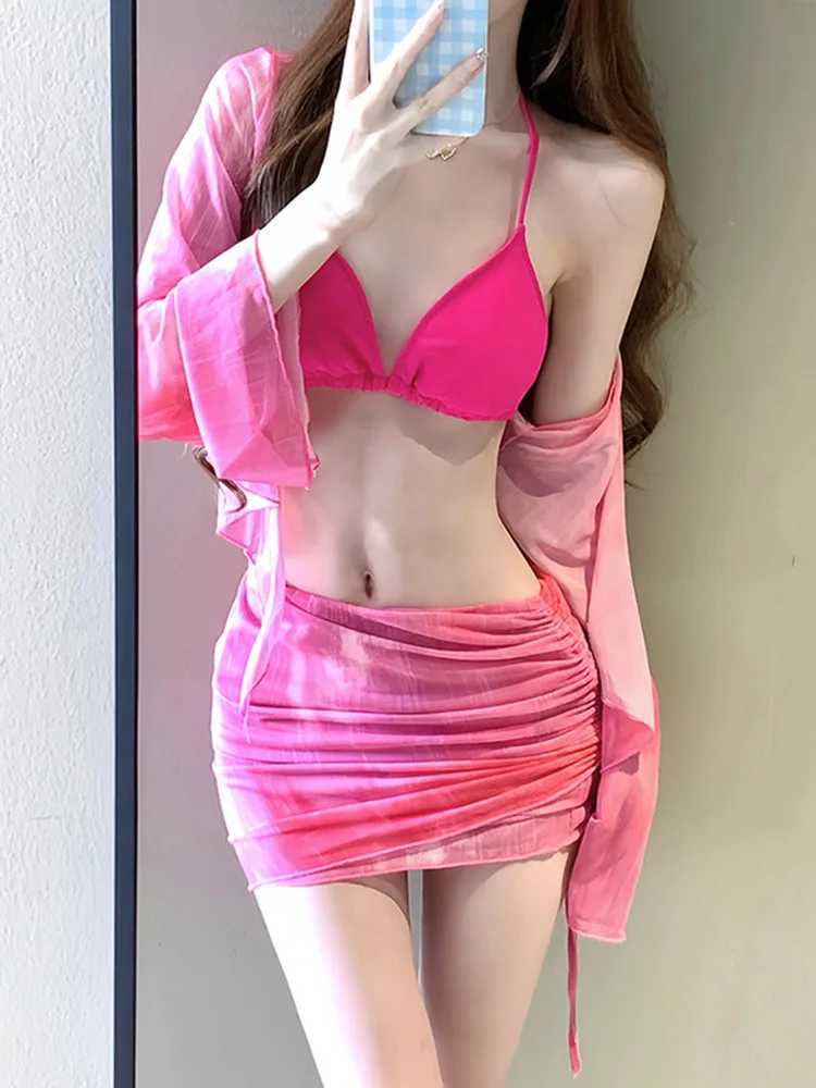 OIINAA bikini set womens sexy swimsuit fashionable solid four piece suspender lace top womens swimsuit new fashion Korean swimsuitW241225