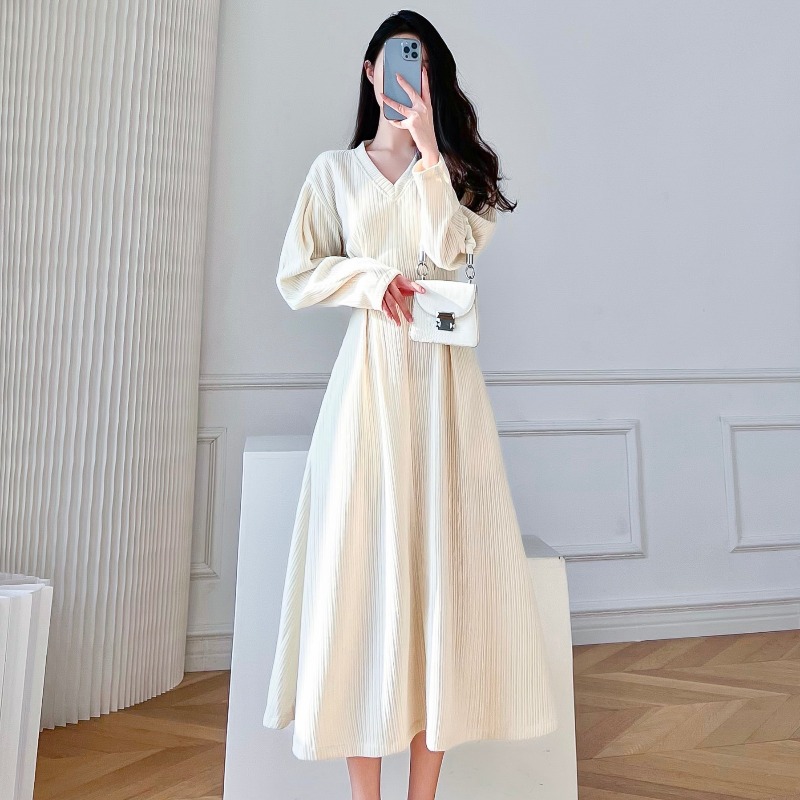 M3013 Corduroy long-sleeved dress for women, autumn and winter, with coat, inner wear, elegant and high-end winter long dress