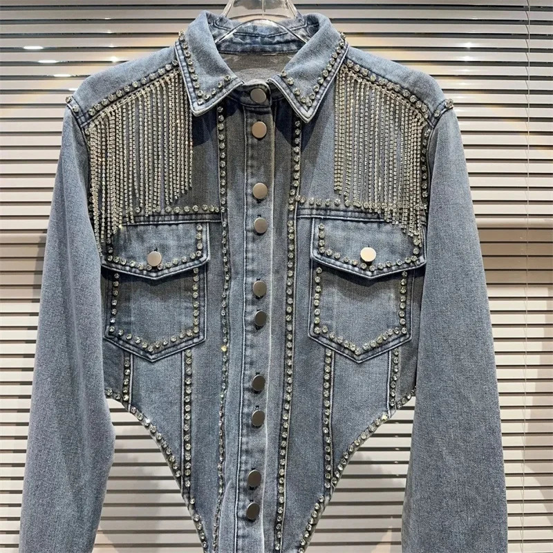 Streetwear Patchwork Denim Jacket Women Fashion Lapel Tassels Long Sleeve Loose Jean Coats Female Outerwear 241223