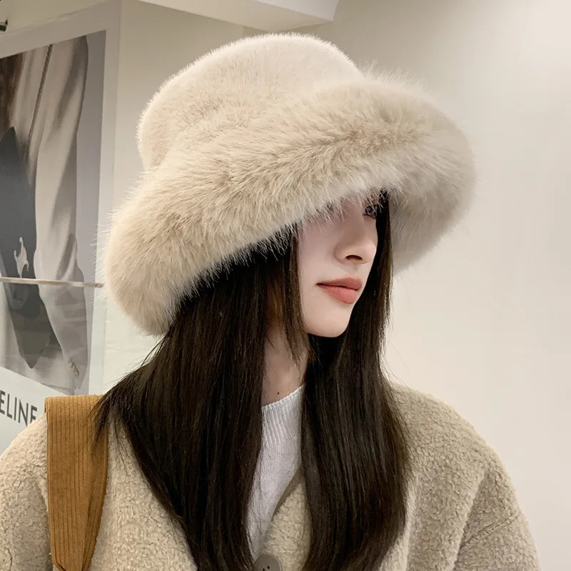 Winter womens artificial fur bucket hat thick snow oversized soft Panama 241223