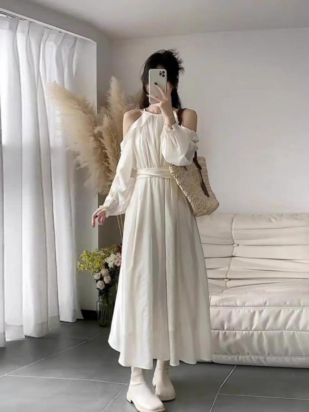 F0994 French gentle style white high collar dress fairy autumn and winter temperament high-end birthday long skirt female Korean version