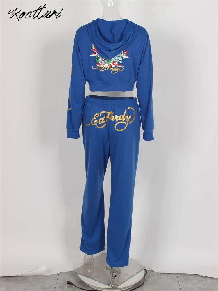 Kontturi Y2k Clothes Women 2024 Black Print Hoodie Sweatpant Fall Winter Blue Bodycon 2 Two Piece Outfits Pants Matching Sets 241217