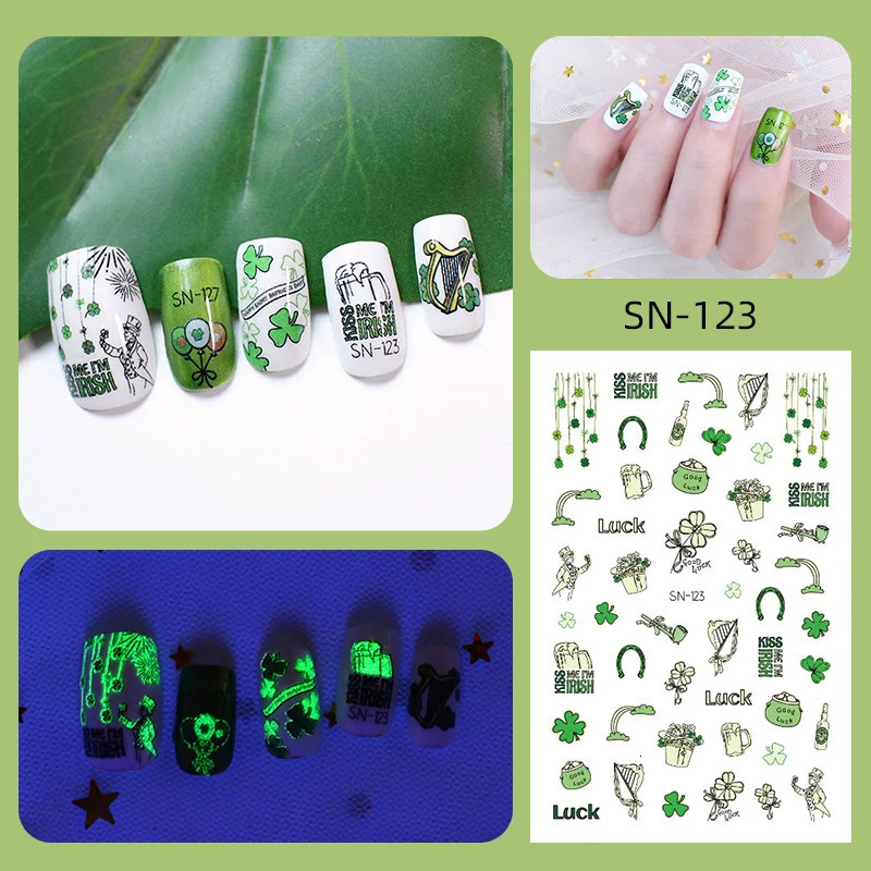 1Pc Spring Four Leaf Clover Nail Decal And Sticker Flower Leaf Tree Green Saint Patrick Days DIY Slider For Manicuring Nail Tool 241225