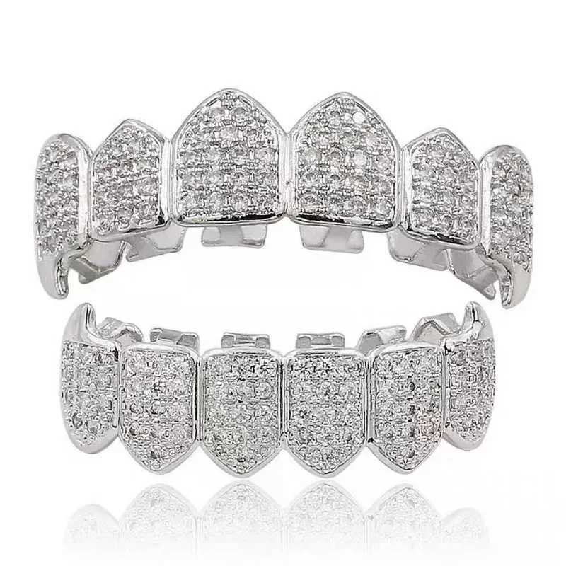 2Pcs/ Set Hip Hop Cubic Zirconia Teeth Grills Top Bottom Grills Dental Mouth Punk Tooth Cs Halloween Cosplay Rper JewelryXJ241225