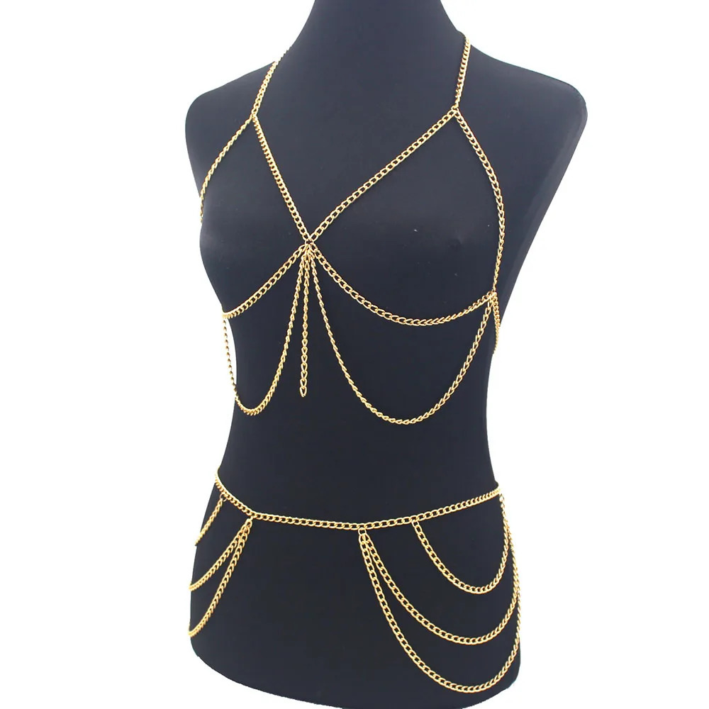 Fashion Simple Metal Bra and Waist Chain Set Lingerie Womens Decorations Underwear Festival Bodies Chain Jewelry Harness 241225