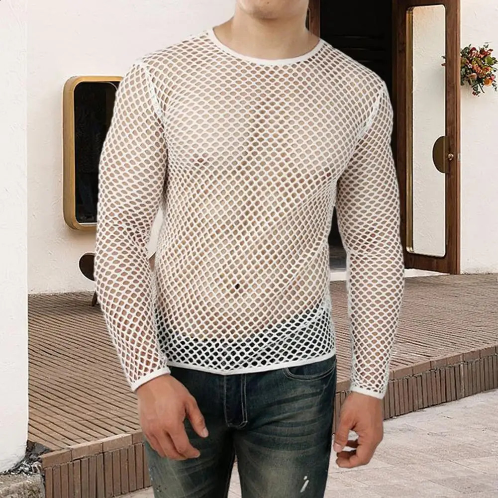 Men Mesh T Shirt Transparent Sexy Fishnet O Neck Long Sleeve Club Tshirt Party Nightclub Hollow Out Seethrough 241223
