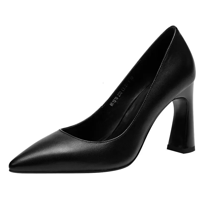 Black Womens Pumps 6-8cm Heel Soft PU Leather Non-slip Single Shoe Professional Interview High Heels Mid Heeled Work Shoes 241225
