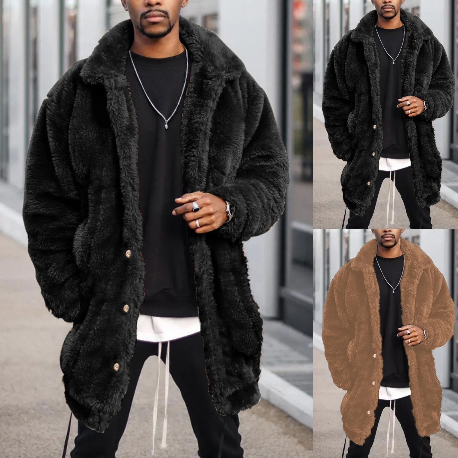 Winter Men Fluffy Fleece Thick Warm Coat Jacket Long Sleeve Hooded Plush Buttons Clre Thicken Outerwear 241225