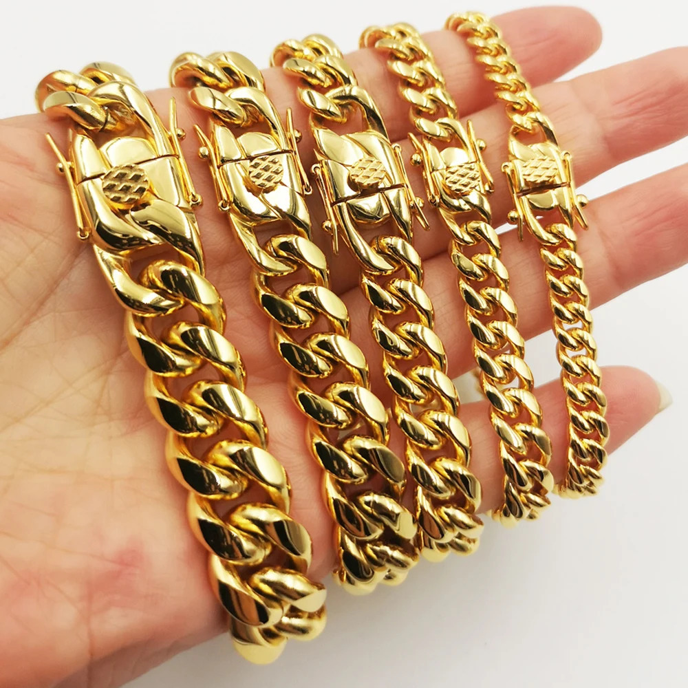 Stainless Steel Miami Curb Cuban Chain Bracelets Hip Hop 18K Stamp Gold Plated Jewelry Men Women Lock Clasp Bangles 7 ~8.5 inch 241225