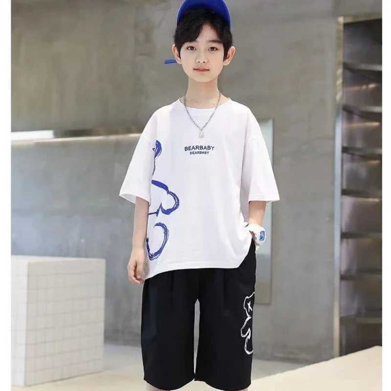 Clothing Sets Summer Children Boy Clothes Set Kid Cartoon Bear Letter Printed Tshirts and Shorts 2pc Suit Fashion Top Bottom Outfits TracksuitY241225M