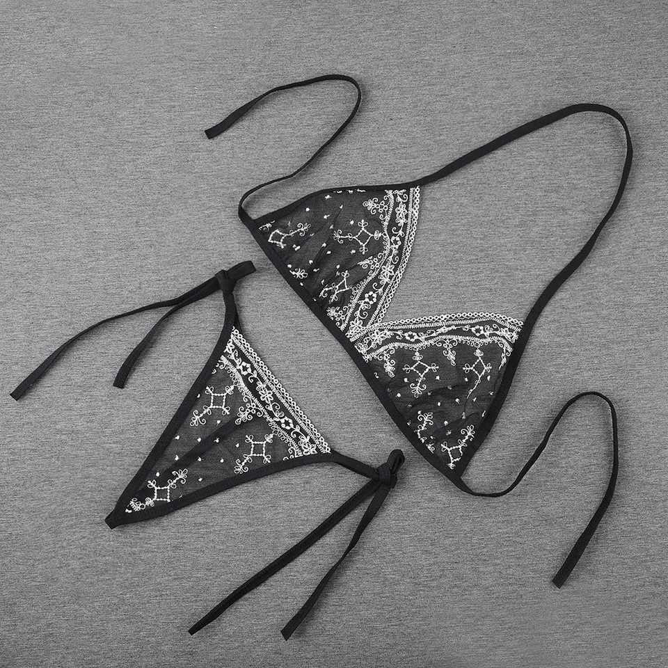Sexy lingerie womens bikini embroidery flower 3-point transparent mesh lace up bra+thongW241225