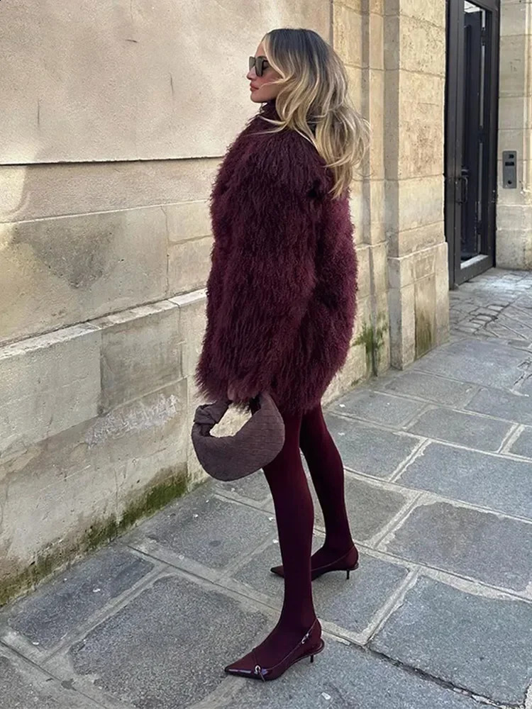 Winter Solid Faux Fur Thicken Midi Coat Women Burgundy Long Sleeve Lapel Loose Warm 2024 Vintage Street Female Outerwear 241223