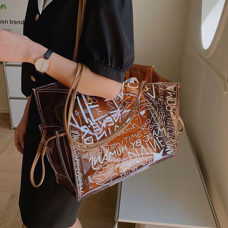 Transparent large shopping 2025 new fashion women's summer large-capacity Tote hundred jelly shoulder bag