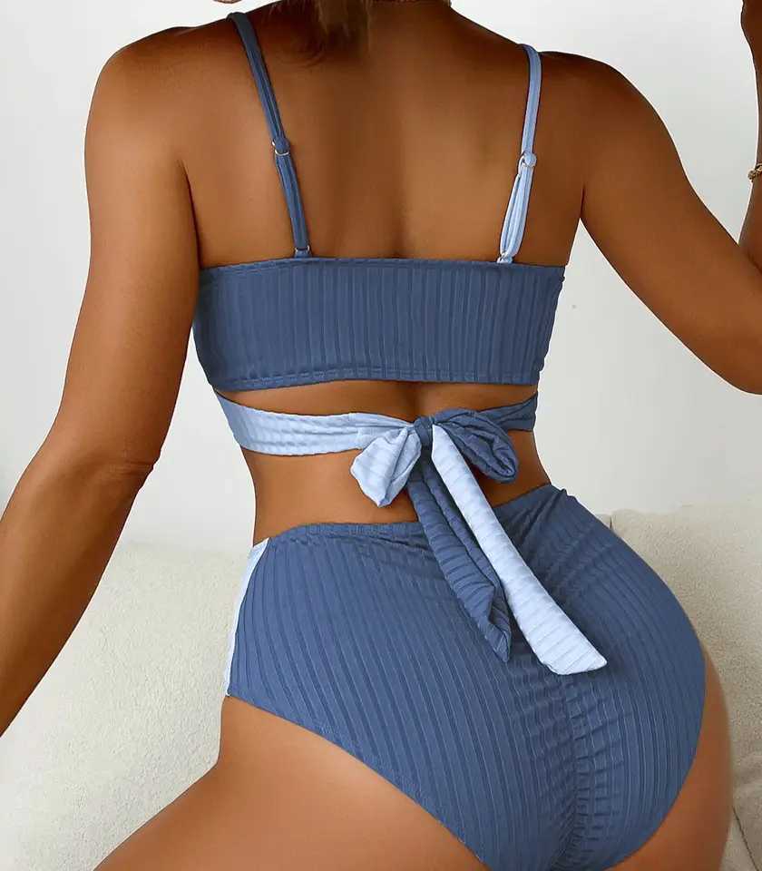 Cross Band Bikini Set 2-piece B with High Waist Beach Shorts Swimsuit Womens Splicing SwimsuitW241225