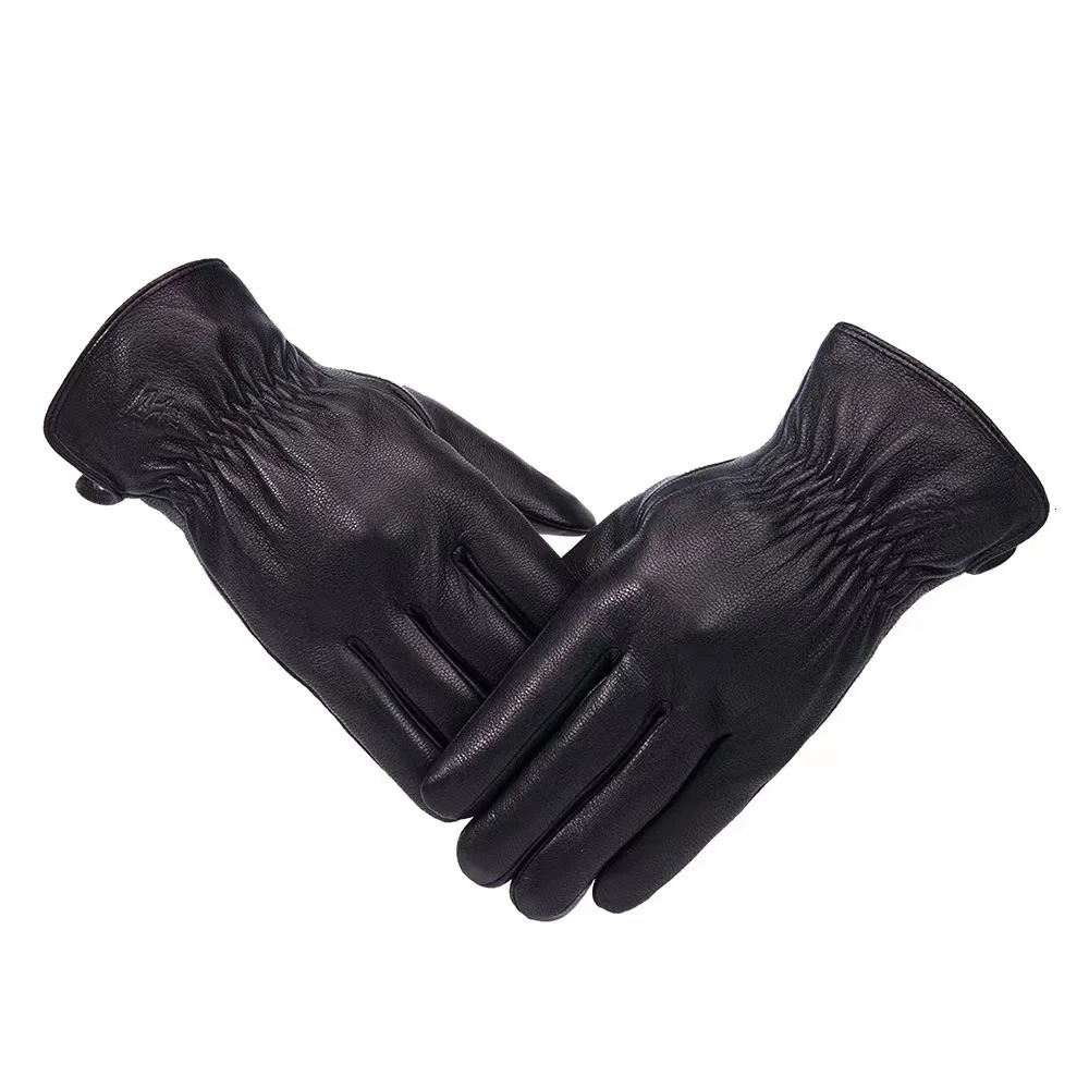mens 100% sheepskin gloves deer skin pattern warm and soft mens leather gloves mens mittens with plush lining 241225