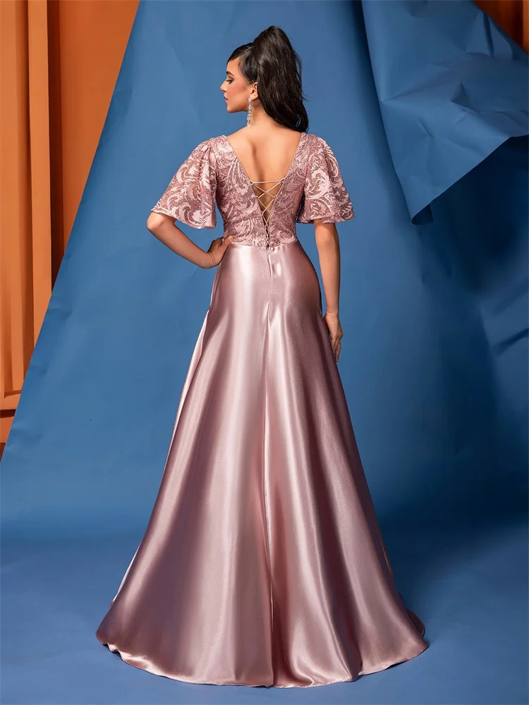 XUIBOL Elegant Short Sleeve Pink Satin Formal Evening Dress Long Women Mermaid Wedding Party Dress Cocktail Prom 241223