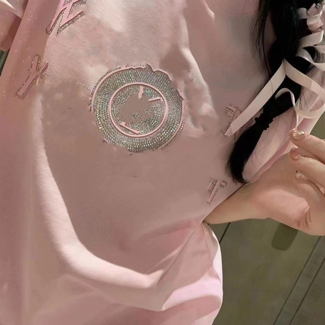 Women's T-Shirt Womens loose o-neck short slve cotton fabric rhinestone letter shinny bling t-shirts MLXL H25215