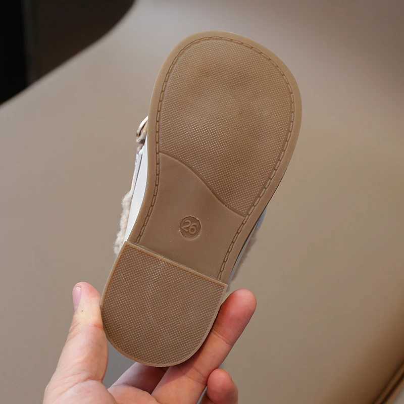 Athletic Outdoor 2-16 Years Old Girls Padded Leather Shoes Winter Beige Bow Girls Loafers Brown Soft Bottom Non-slip Childrens Snow Boots Shoes H24122