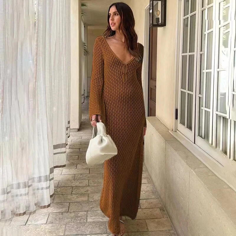 Solid Sey Women Long Knit Beach Dress Hollow-Out Deep V-Neck Long Sleeve Bikini Cover-Ups Dress Fall Backless Holiday Dress 241217