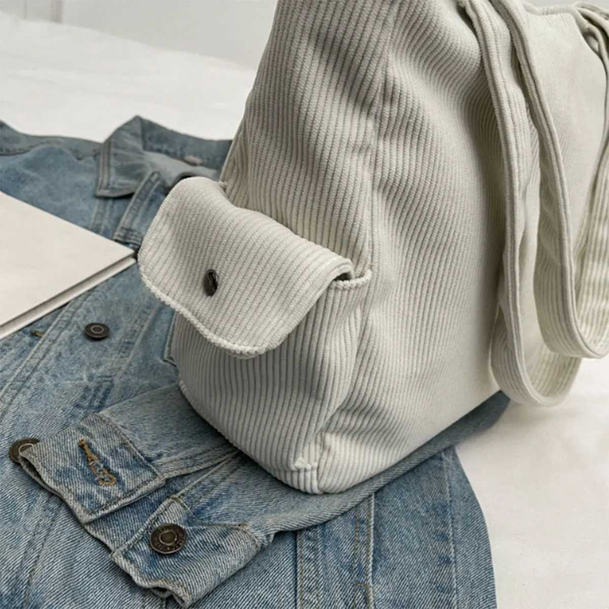 Solid color corduroy bag girls Tote bag with a large capacity commuter fi shoulder bagXJ241225