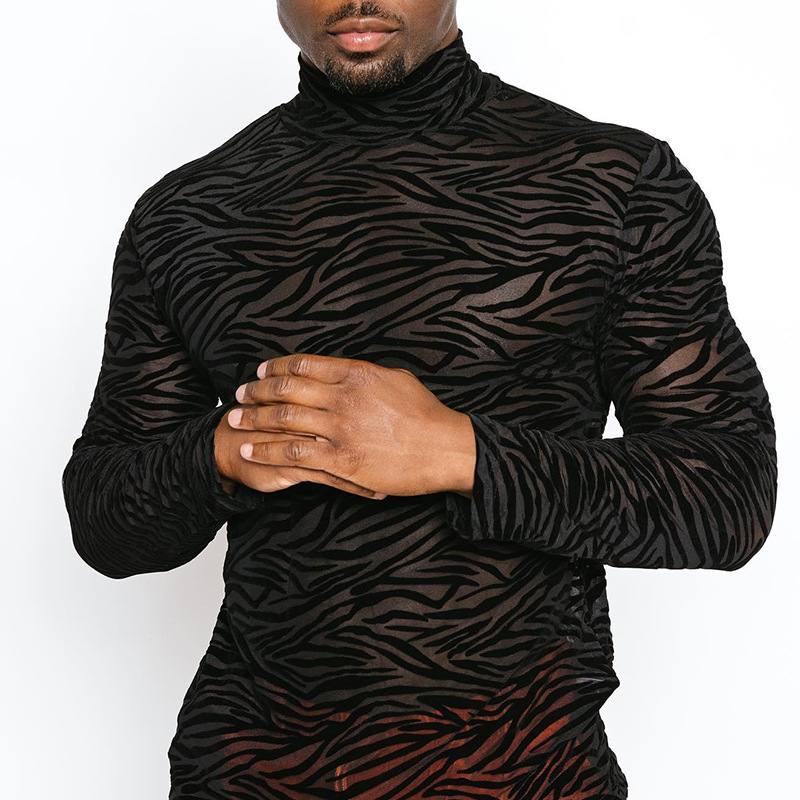Mens T Shirts mesh see through black tshirt men shirts long sleeve leopard stripes bodycon slim fit streetwear high neck fashion party male