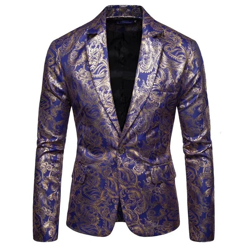 Mens Golden Floral Blazers Business Casual Suit Wedding Dress Gold Blazer Coats Jackets 241225