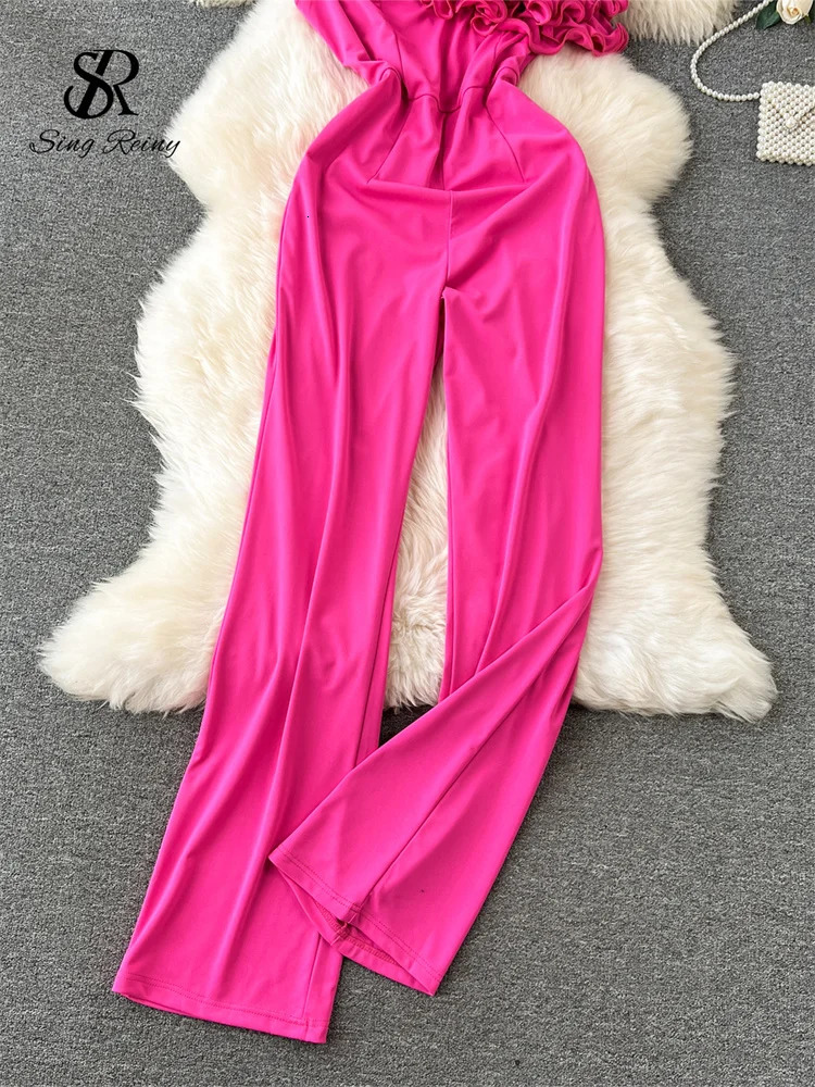 SINGREINY Off the Shoulder Sexy Jumpsuits 3D Floral Zipper Slim Rompers Fashion Solid Wide Legs Long Playsuits 241224