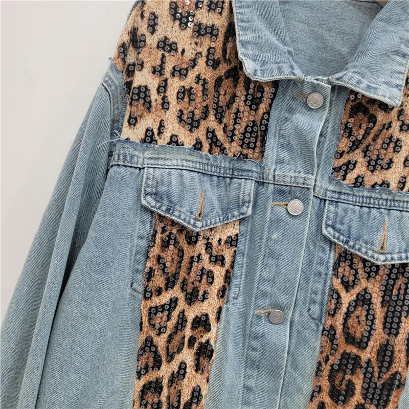 Street Hipster American Retro Leopard Print Sequined Splicing Denim Jacket Women Autumn Casual Loose Long Sleeve Jacket Top 241223