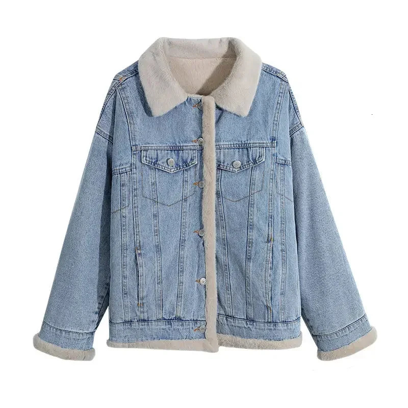 Outerwear Wool Inside Patchwork Padded Denim Jacket for Women Winter Cold Long Trench with Fur Plush Warm Woman Jean Coat 241220