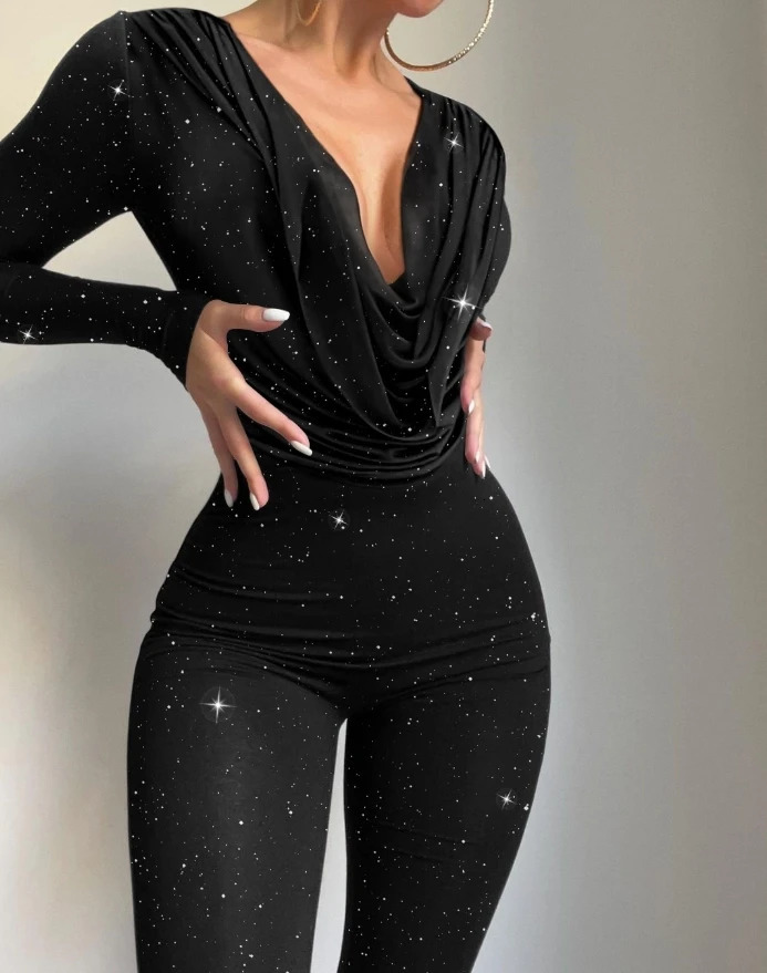Jumpsuit Women Autumn Fashion Glitter Cowl Neck Long Sleeve Jumpsuit Sexy Waist Slim Fit Plain Daily Long Rompers 241224