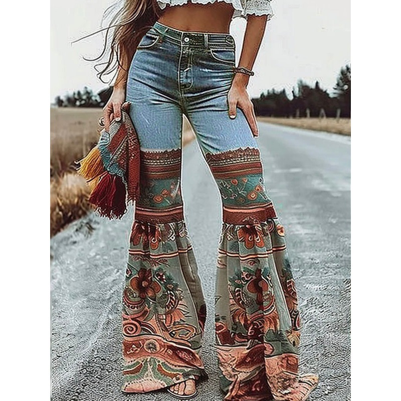 Modigirl Womens Jeans Autumn Winter Blue Vintage Ral Printed Bottoms With Pockets Woman High-Waisted Flared Denim Pants