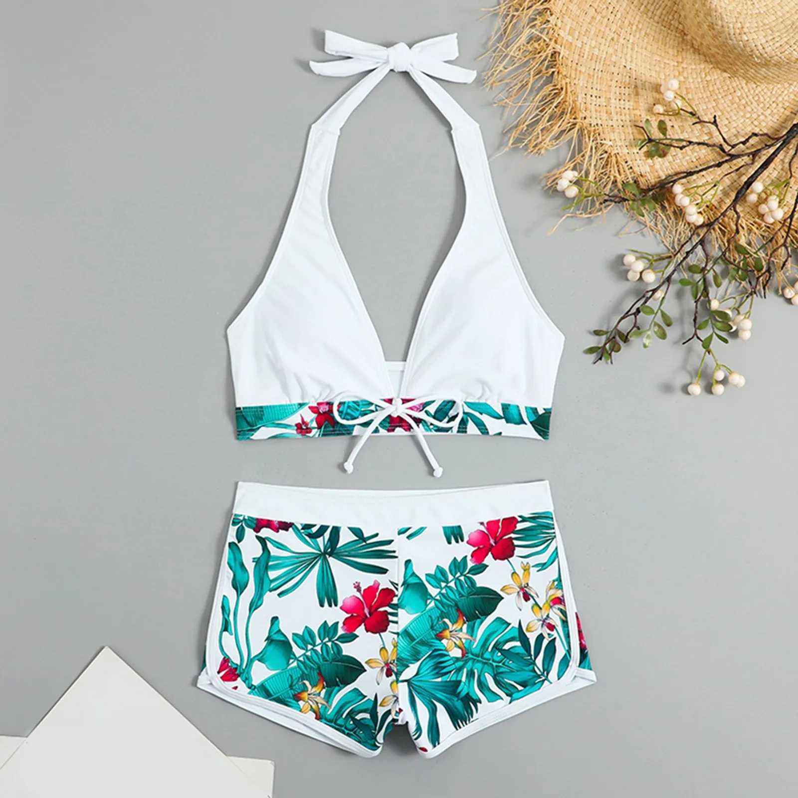 Teenage bikini set cheap womens swimsuit bikini tropical printed swimsuit womens swimsuit shorts two piecesW241225