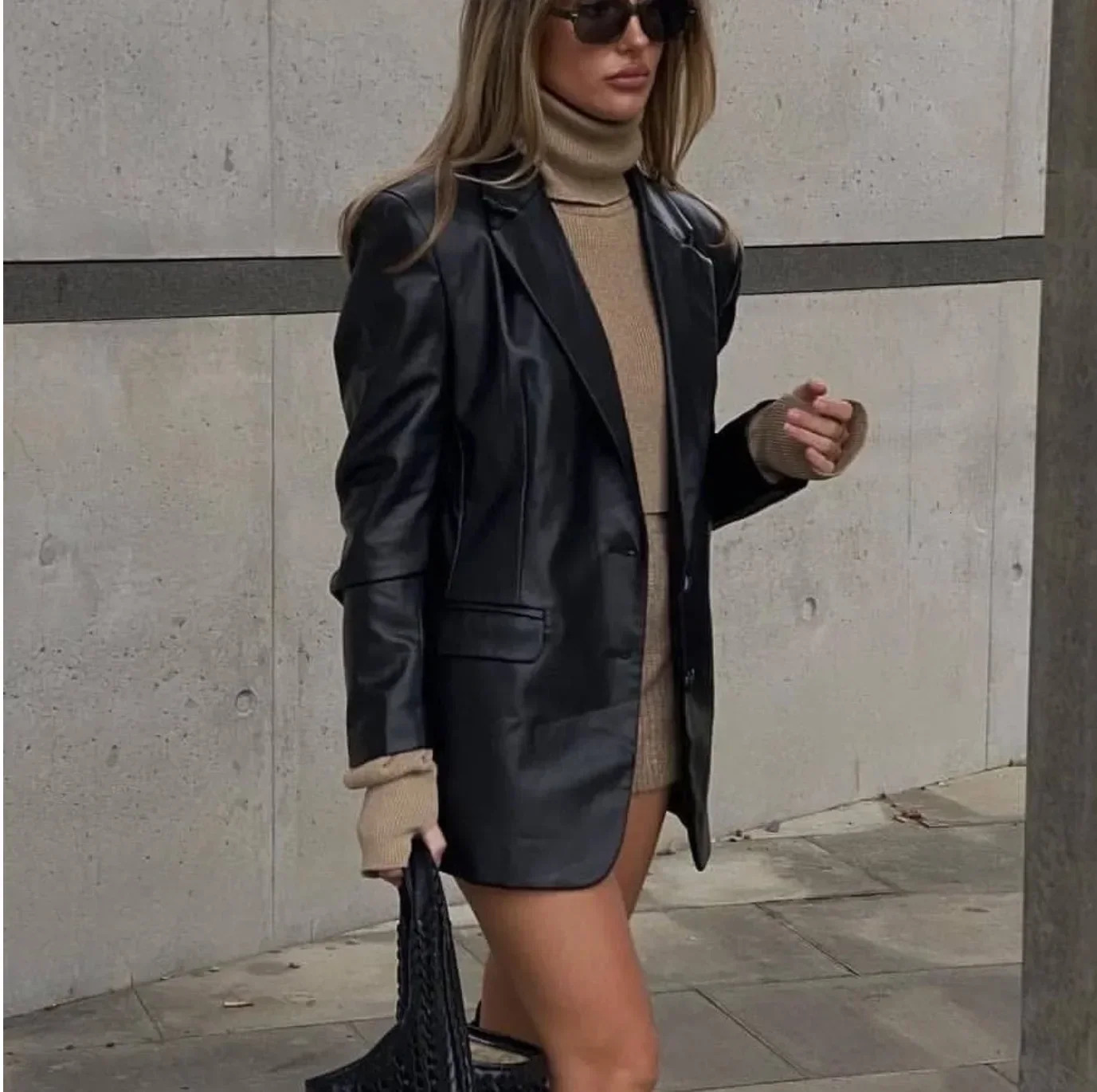 Womens Solid Color Suit Collar Pocket Fashion Casual PU Leather Jacket Blazer Coat Black 241225