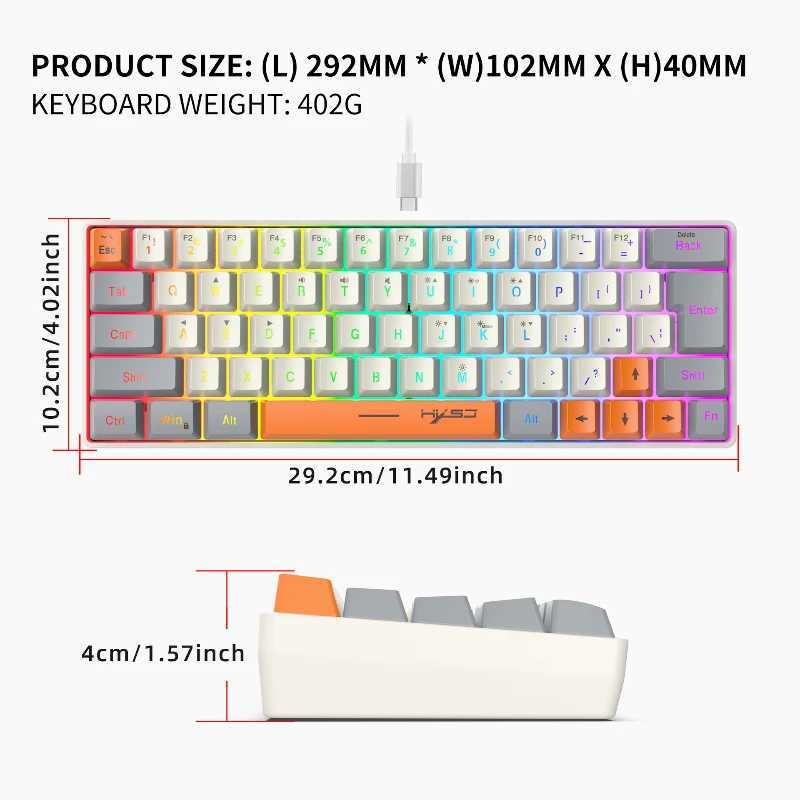 Keyboard RGB USB wired 63 keys gaming gamer compact mini pc keyboards for tripsofficegames business key board (Grey Orange)XJ241225
