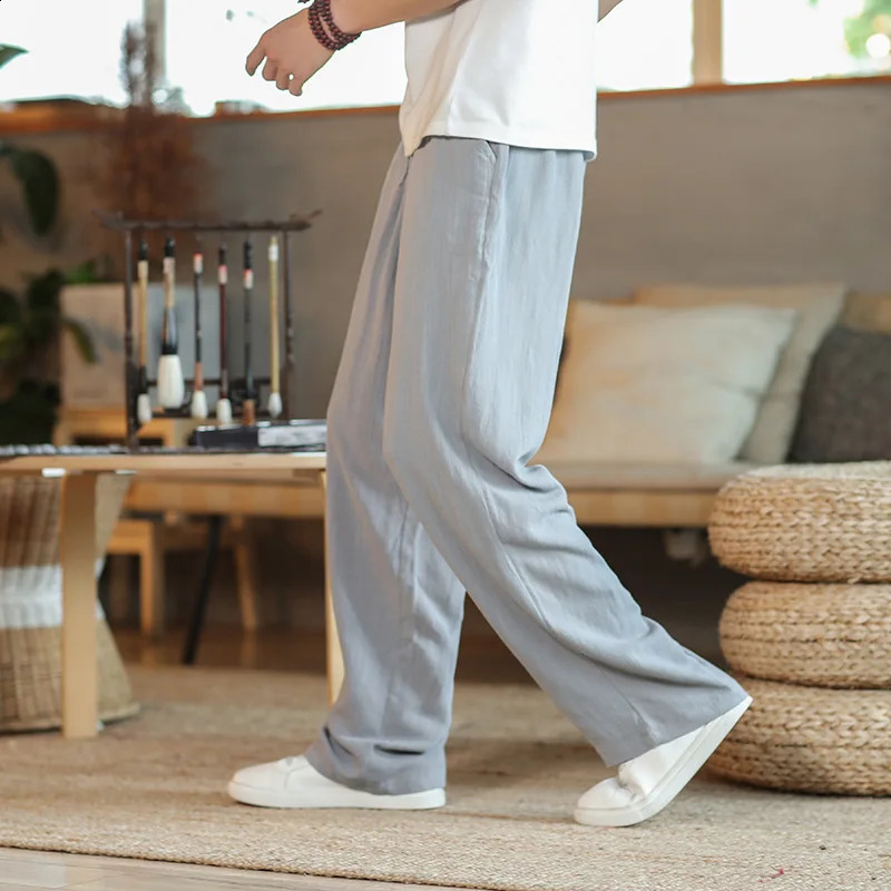 Chinese style linen mens loose cotton linen straight leg pants mens linen casual pants 241219