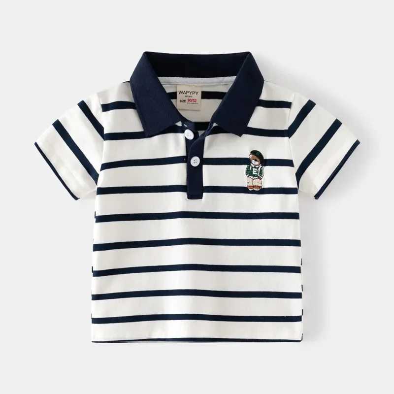 Kids Embroidered Short Sleeve T-shirt 2024 Summer Boys Loose Striped Polo Shirt Breathable Cotton for Ages 3-8XJ241225