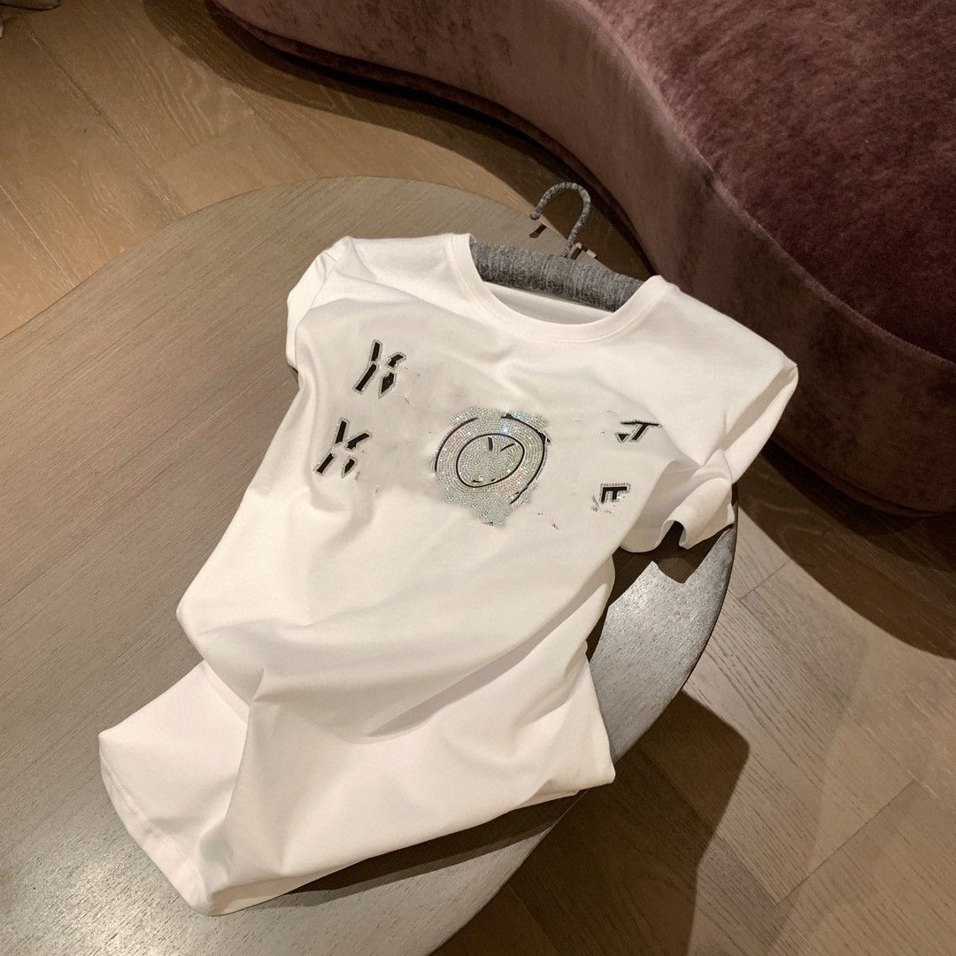 Women's T-Shirt Womens loose o-neck short slve cotton fabric rhinestone letter shinny bling t-shirts MLXL H25215