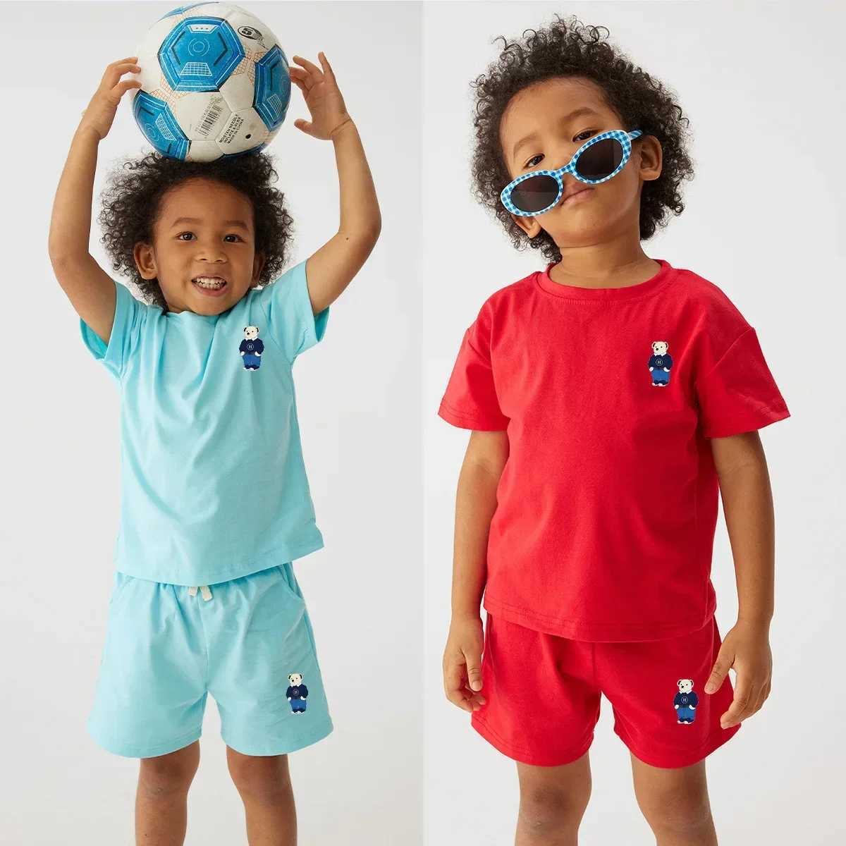 Clothing Sets Childrens Cartoon Bear Short-sleeved Suit Boys Girls Korean Fashion T-shirt + Casual Shorts Cotton Suit 0-6Y Summer Hot SalesY241225OXJ6