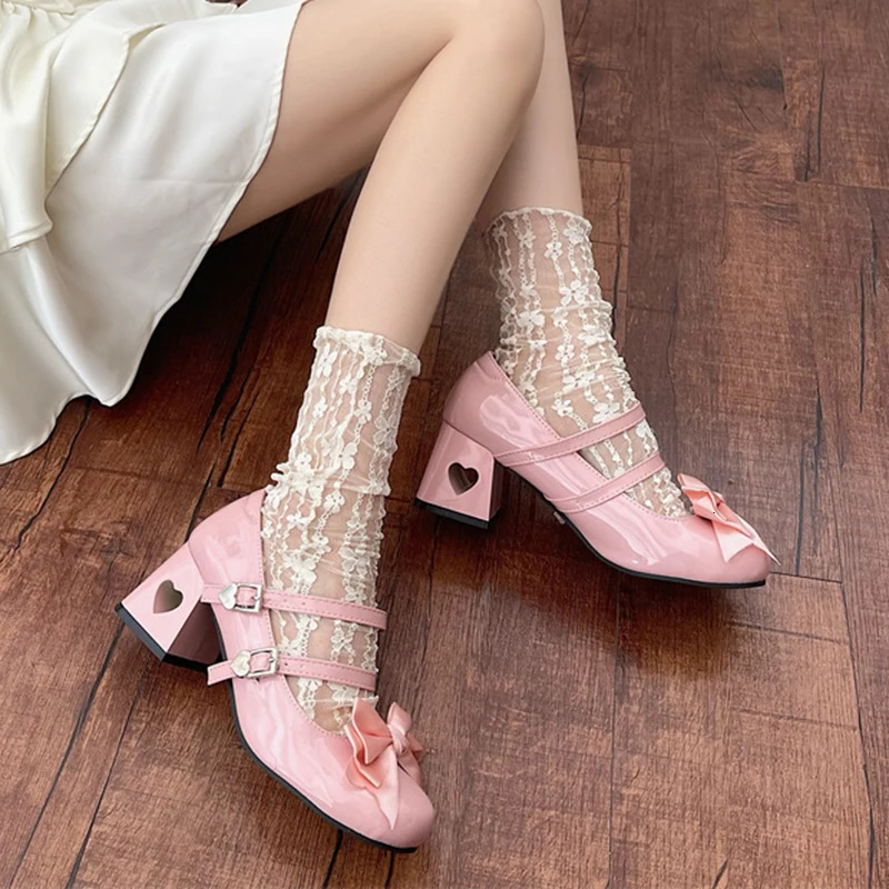 Pink Mary Jane Lolita Shoes Women Autumn Y2K Patent Leather Low Heels Pumps Woman Silk Bowtie Ankle Straps Party Shoes 241225