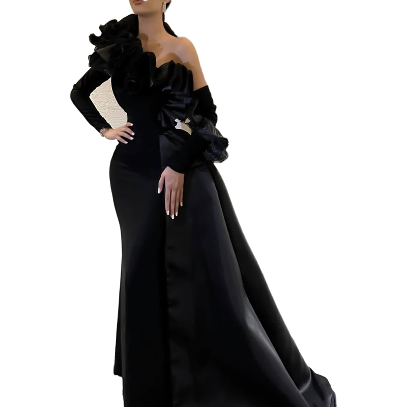 Ruffles One Shoulder Prom Dresses With Detachable Sleeve Long Black Mermaid Satin Evening Gowns 2025 Arabic African Birthday Party Special Occasion Dr