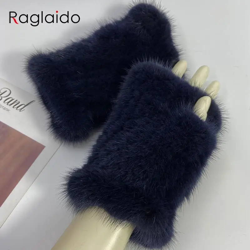 Real Mink Fur Fingerless Gloves for Women Girls Natural Fur Knitted Mittens Warm Soft Winter Gloves 241225