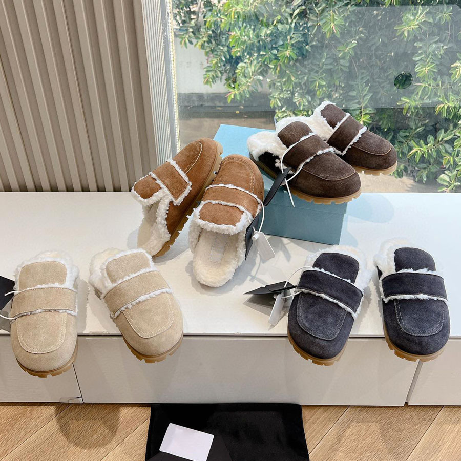 Top quality Suede Fur Slipper Mules Flats shoes Trend Fluffy Furry slipper Slides for women Luxury Designer Fur Slides Winter warm wool shearling Sandals colg