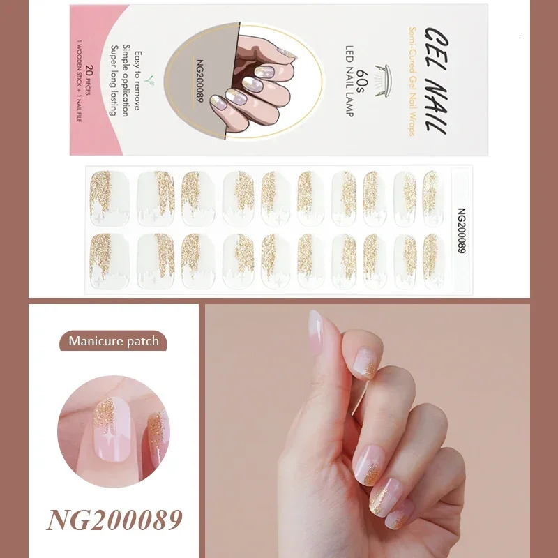 20Tips Jelly Pink Fluorescent UV Semi-Cured Gel Nail Patch Pearl Gradient Nude Adhesive Slider Long Lasting Nail Art Stickers 241225