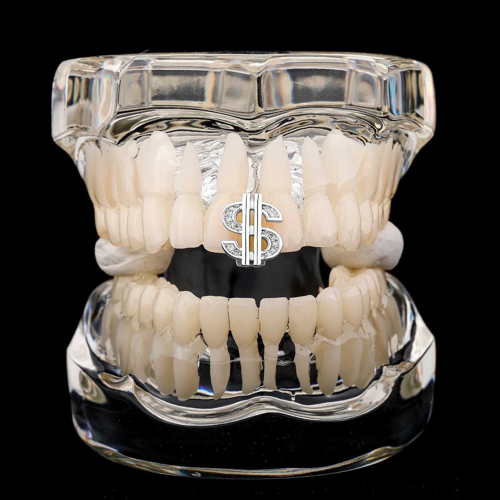 YOUNGX Single Cubic Zircon Dollar Teeth Grillz Hip Hop Punk CZ Stone Tooth Cs For Women Men Jewelry Rper Gift CosplayXJ241225
