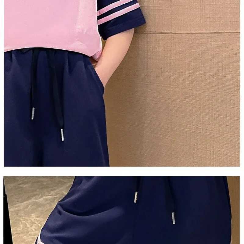 Clothing Sets Summer Teenage Girls Clothes Set Children Girl Lapel Letter Tshirts and Shorts 2pc Suit Kid Striped Top Bottom Outfits TracksuitY241225A